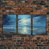 Night Time Beach Art, Framed Canvas Prints, Triptych 3 Panel Wall Art, Tropical Decor, Centerpiece Art