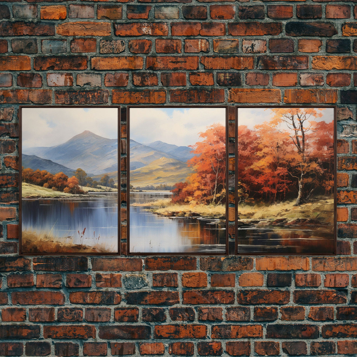 Fall Centerpiece Decor, Framed Canvas Prints, Autumn Landscape Paintings, 3 Piece Art, Triptych