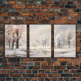 3 Piece Winter Scene, Framed Canvas Prints, Triptych Christmas Painting, Christmas Decor, Winter Art, Christmas Wall art, Xmas Art