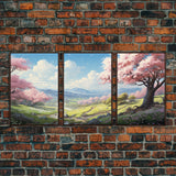 Cherry Blossom Art, Landscape Print, Mountain Wall Art, Canvas Print, Set Of 3 Prints, Wall Art, 3 Piece Wall Art, Country Home Decor