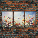 Butterly Wall Print, Wildflower Wall Art, Wildflower Meadow, Canvas Print, Set Of 3 Prints, Wall Art, 3 Piece Wall Art, Botanical Art