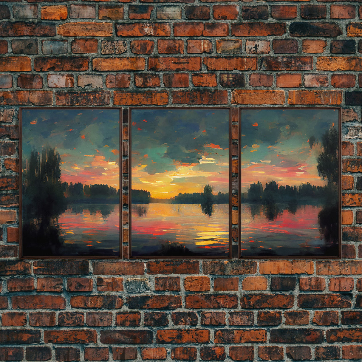 Lakehouse Canvas Print, watercolor painting of a sunset reflected on a lake, 3 Piece Wall Art, Ready To Hang Canvas Print