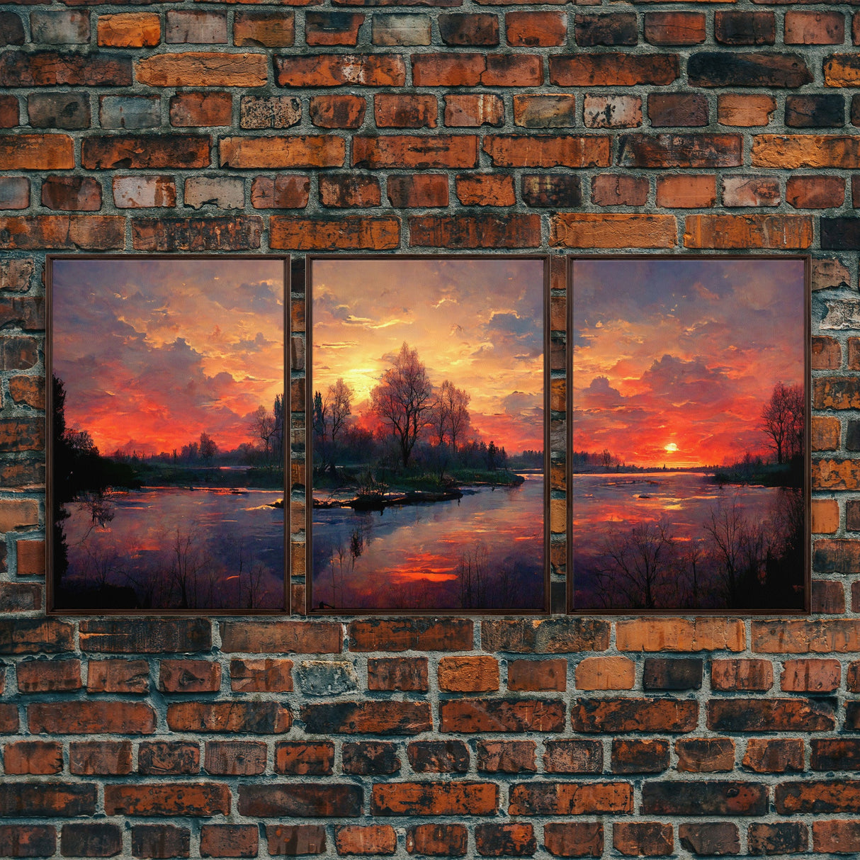 Forest Sunset Wall Decor, Oil Painting Style, 3 Piece Wall Art, Ready To Hang Canvas Print, Cool Unique Living Room Wall Art Decor