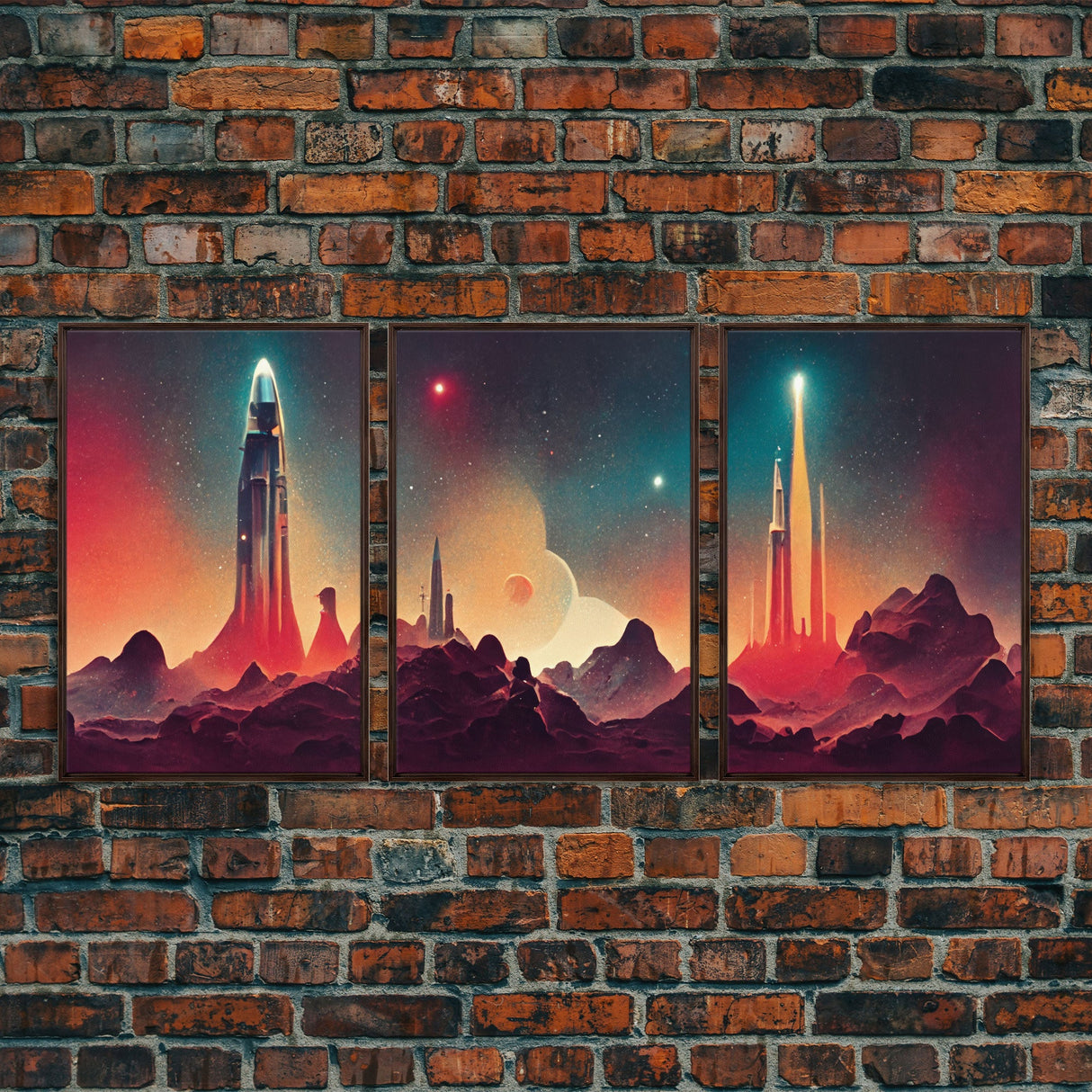 Art Deco Scifi Art, Science Fiction Space Ships, 3 Piece Wall Art, Ready To Hang Canvas Print, Cool Unique Mancave wall Art Decor