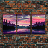 Starry Night Magical Forest Fantasy Landscape, 3 Piece Wall Art, Ready To Hang Canvas Print, Cool Living Room Wall Art Decor