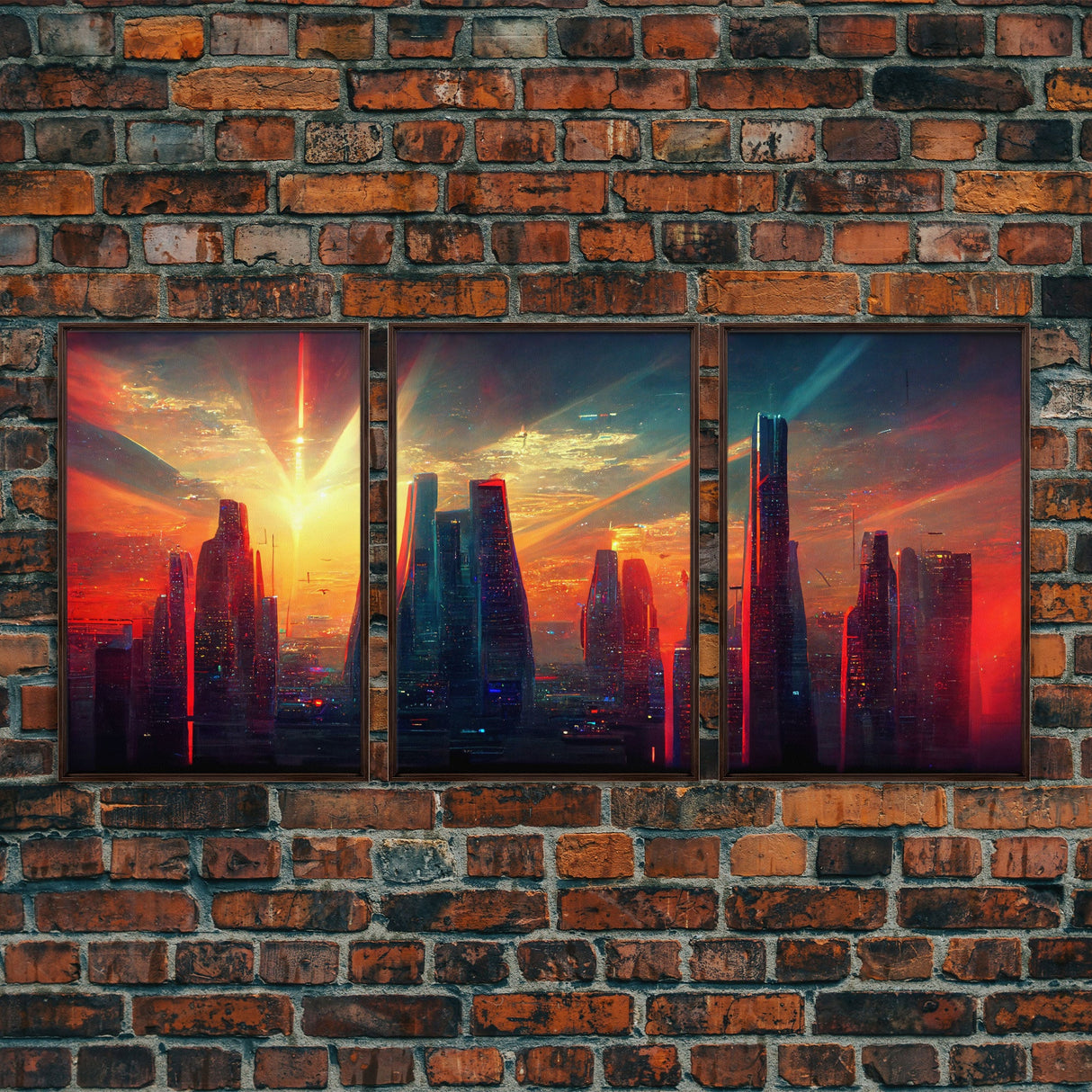 Cyberpunk City At Sunset, Futuristic, 3 Piece Wall Art, Ready To Hang Canvas Print, Cool Living Room Wall Art Decor