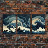 Retro Japanese Style Wave Art, A Storm Torrent, 3 Piece Wall Art, Ready To Hang Canvas Print