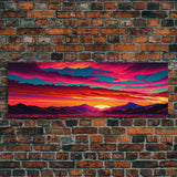 Panoramic Framed Canvas Print | Desert Mountain Landscape Synthwave Sunset | Living Room, Bedroom, Dining Room, Office