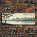 Panoramic Framed Canvas Print of Misty Fog Covered Lake and Pine Tree Forest, Perfect for Living Room, Bedroom