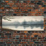 Panoramic Framed Canvas Print of Misty Fog Covered Lake and Pine Tree Forest, Perfect for Living Room, Bedroom, Fog Covered Lake