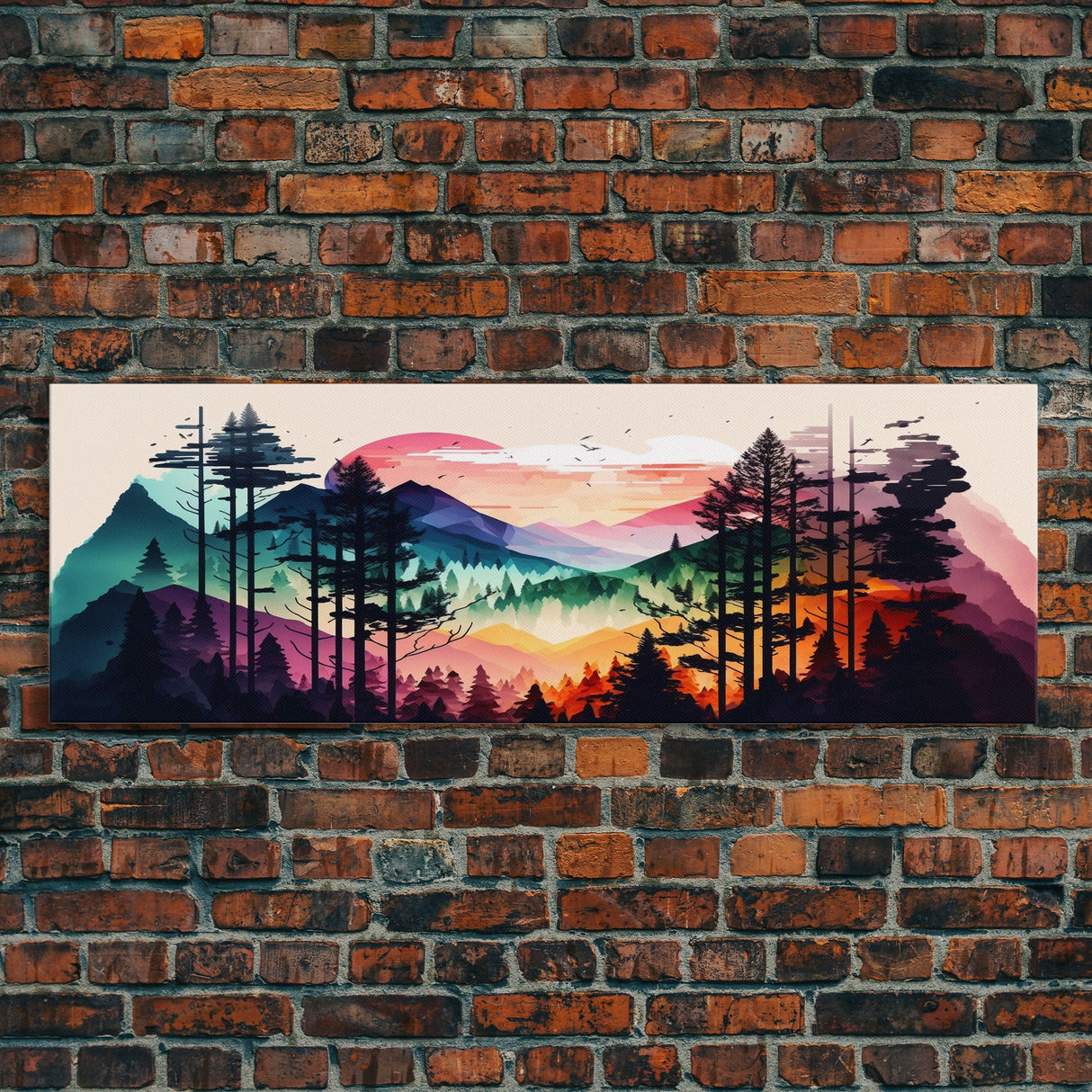 Vibrant Double Exposure Watercolor of a Mountain Landscape and Pine Tree Forest at Sunset, Wide Panoramic Framed Canvas Print