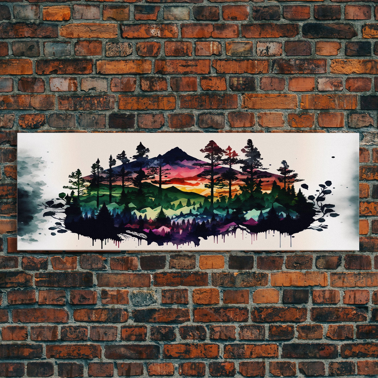 Vibrant Double Exposure Watercolor of a Mountain Landscape and Pine Tree Forest at Sunset, Wide Panoramic Framed Canvas Print