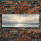 Whimsical Beach Sunset Art Watercolor, Framed Canvas Print, Panoramic Lakehouse Art, Light Pastels, Ultra Wide Format Above Bed Art