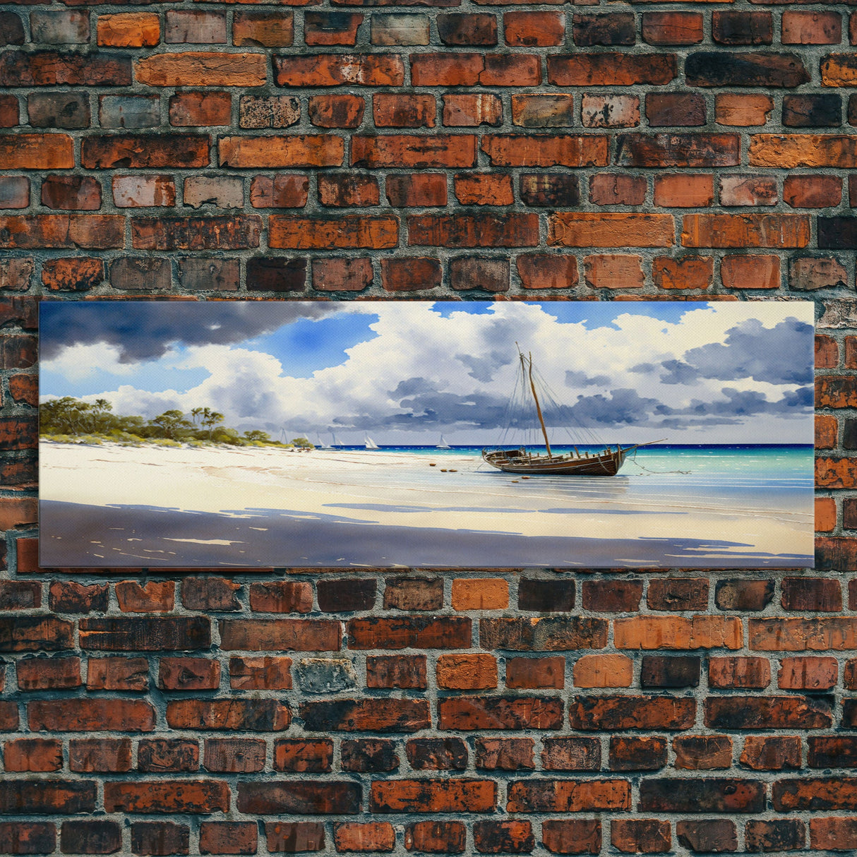 Tropical Shipwreck Island - Framed Canvas Print -Panoramic Beach Art - Blue sky and blue ocean art - nautical sailing decor