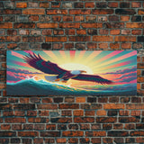 American Bald Eagle, Panoramic Wall Art, Framed Canvas, Retro Style Eagle Painting, Synthwave Ocean Sunset Art