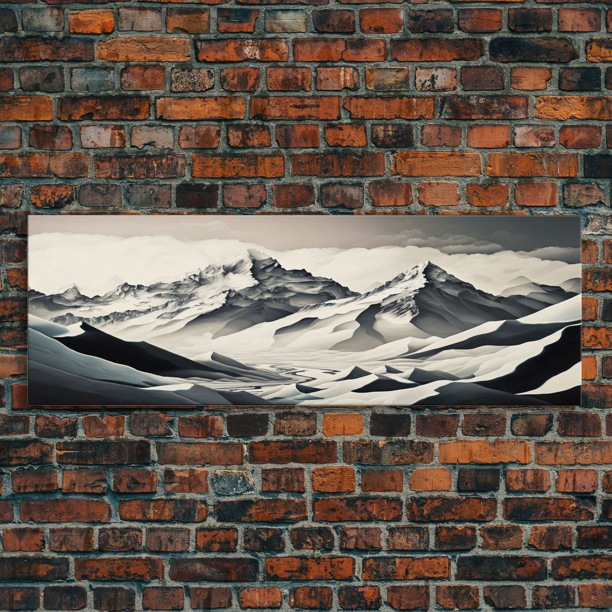 Stunning Panoramic Framed Canvas Print - Black and White Watercolor Landscape Painting - Snow Covered Mountain Art