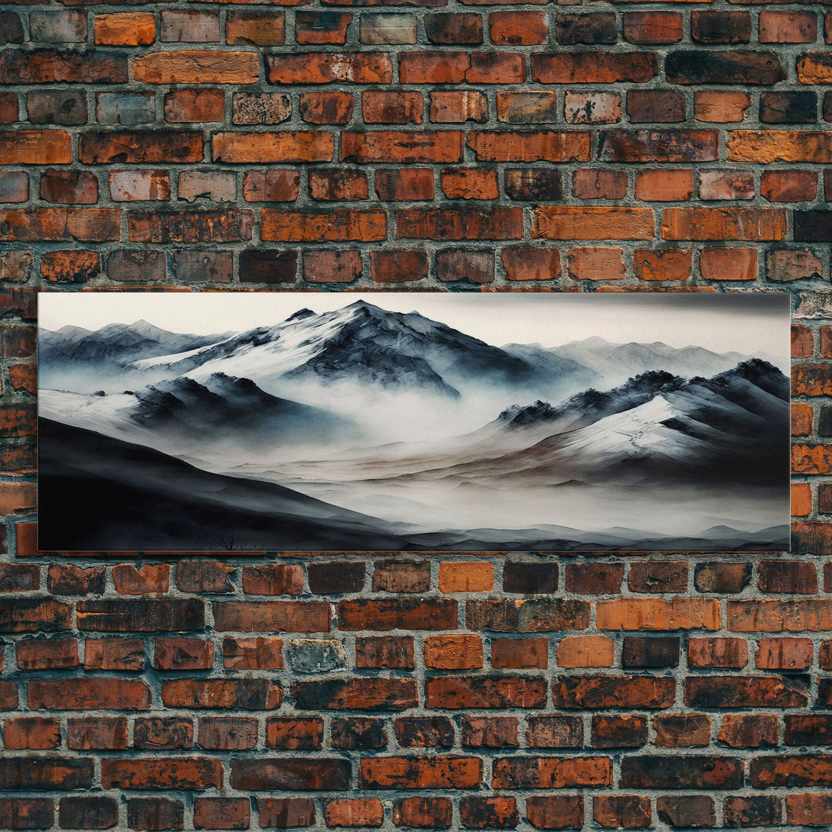 Panoramic Framed Canvas Print of Watercolor Snowy Mountain Lake Reflection Landscape Painting, Unique Landscape Wall Art