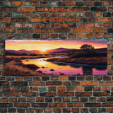 Vibrant Orange Mountain Sunset Panoramic Framed Canvas Print, Colorful Nature Landscape, Cool Wall Art