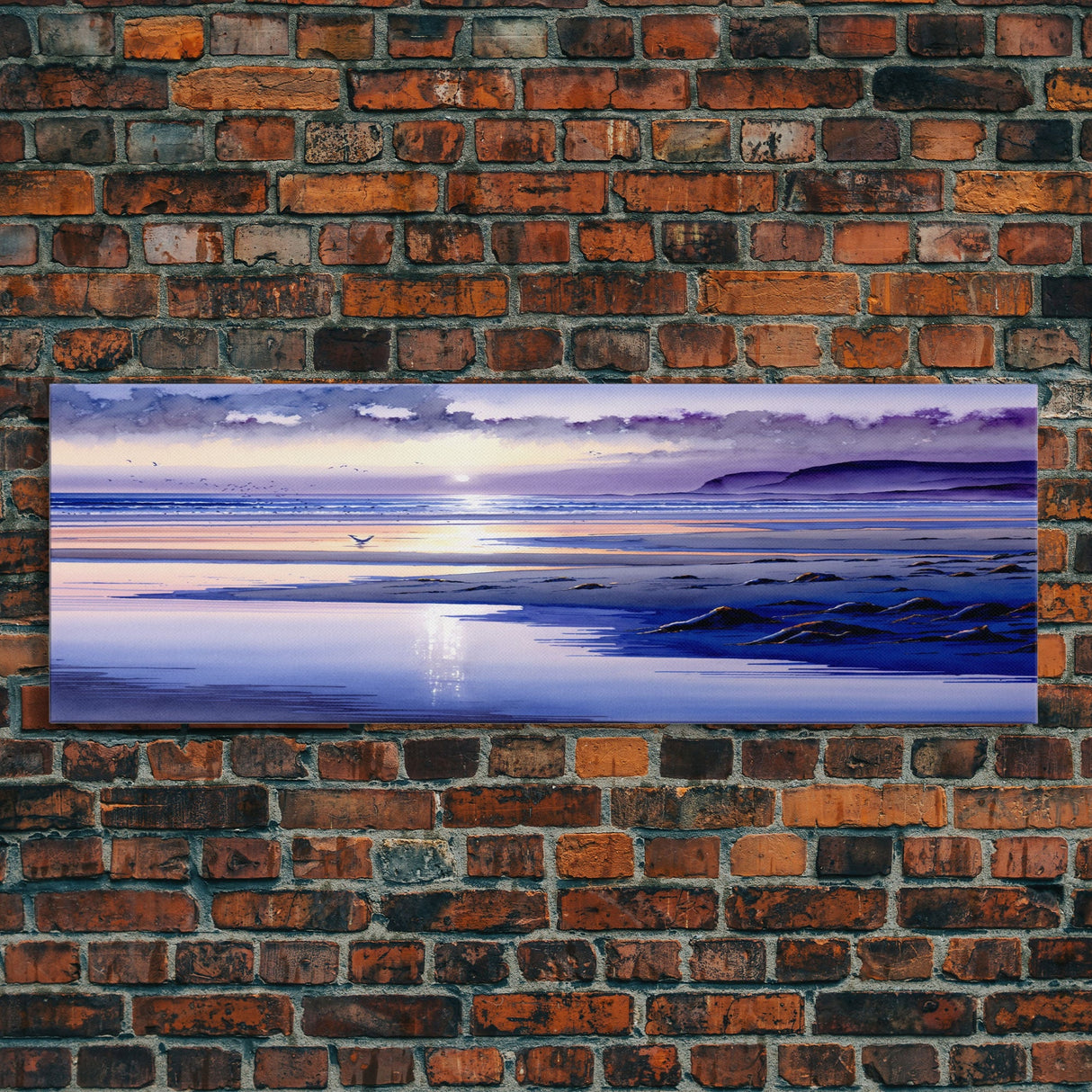 Panoramic Framed Watercolor Beach Landscape Canvas Print - Colorful Clouds & Waves | Seascapes Wall Art | Sunset Over The Ocean