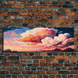 Panoramic Framed Canvas Print of Watercolor Panoramic Landscape Painting of Red & Pink Clouds at Sunset, Framed Wall Art