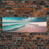 Panoramic Framed Canvas Print of Watercolor Beach Sunset Landscape Painting, Blue Ocean Waves, Tranquil Art, Peaceful Art