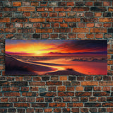 Panoramic Framed Canvas Print - Watercolor Desert Landscape Painting - Vibrant Sunset - Wall Art for Living Room, Bedroom