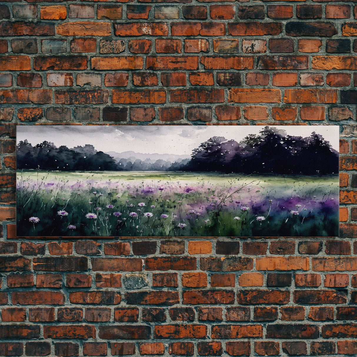 Panoramic Framed Canvas Print - Watercolor Purple Flower Field Landscape - Perfect for Living Room, Bedroom, Office, Guest Room Art