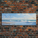 Blue Beach, Ocean Waves & Seagulls Panoramic Framed Canvas Print - Perfect for Living Room, Bedroom, Office Decor