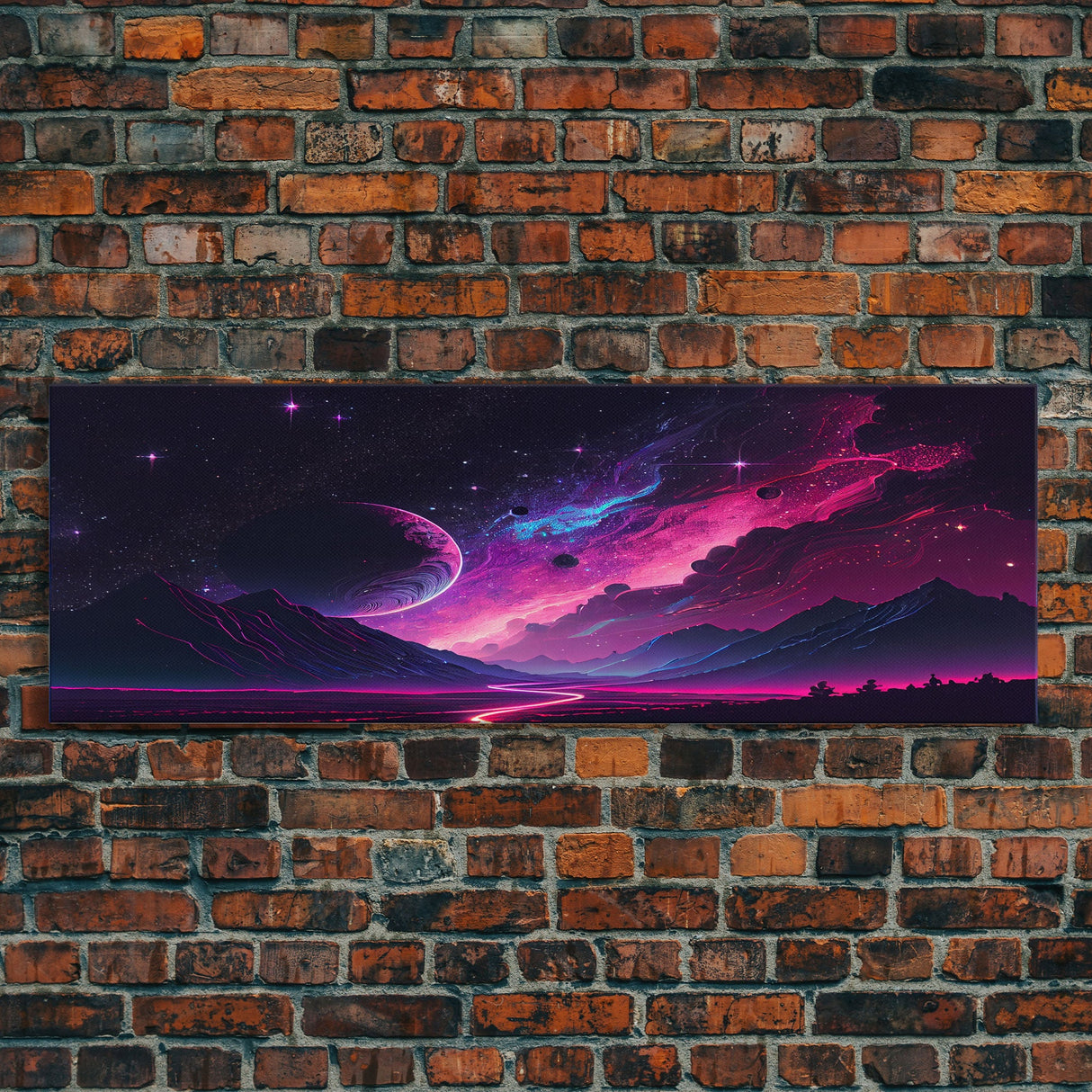 Beautiful Science Fiction Wall Art, Synthwave Style Scifi Art, Framed Canvas Print, Panoramic Alien Worlds and Star Filled Night Sky