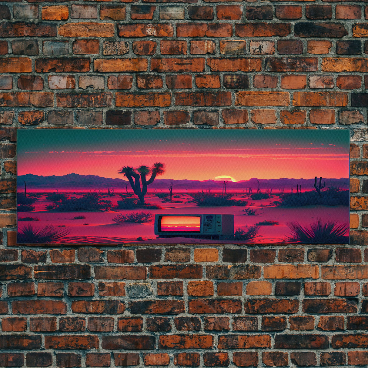 Surrealist Art, Retro TV Abandoned In The Desert, Statement Piece, but what? -  Framed Canvas Print - Synthwave Sunset Desert Art