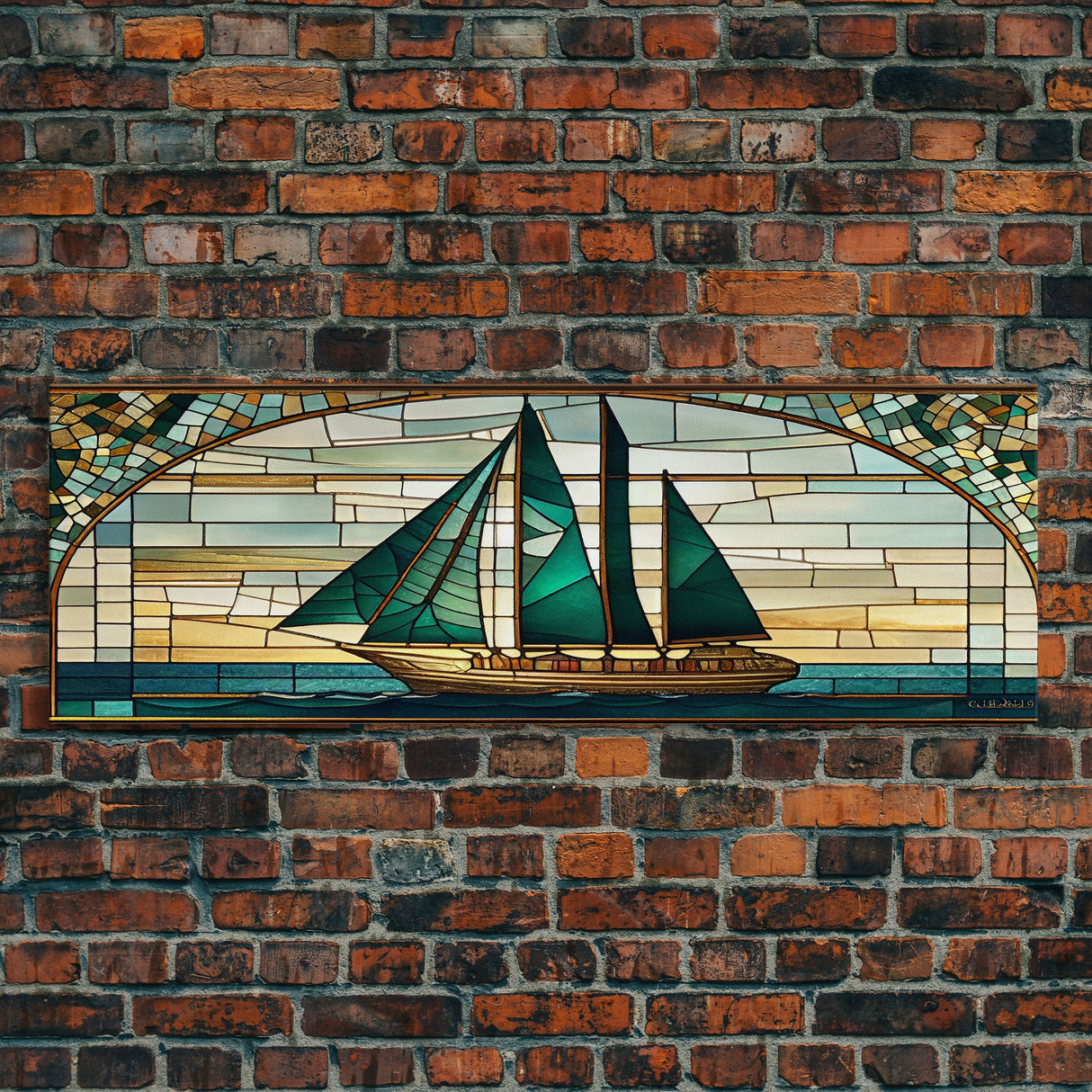 Panoramic Art Deco Sail Boat, Stained Glass, Early 20s Style Art, Roarin' 20s Art, Nautical Theme Framed Canvas Print, Extra Large Art