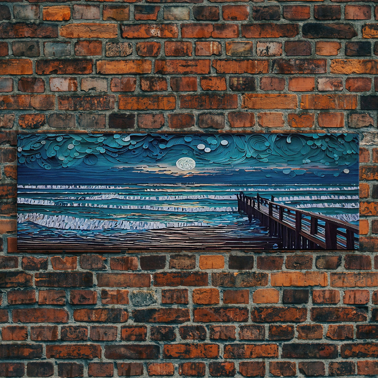 Panoramic Van Gogh Inspired Beach, Framed Canvas Print, Cool Painting, Full Moon Over Rolling Waves, Soothing Abstract Beach Decor