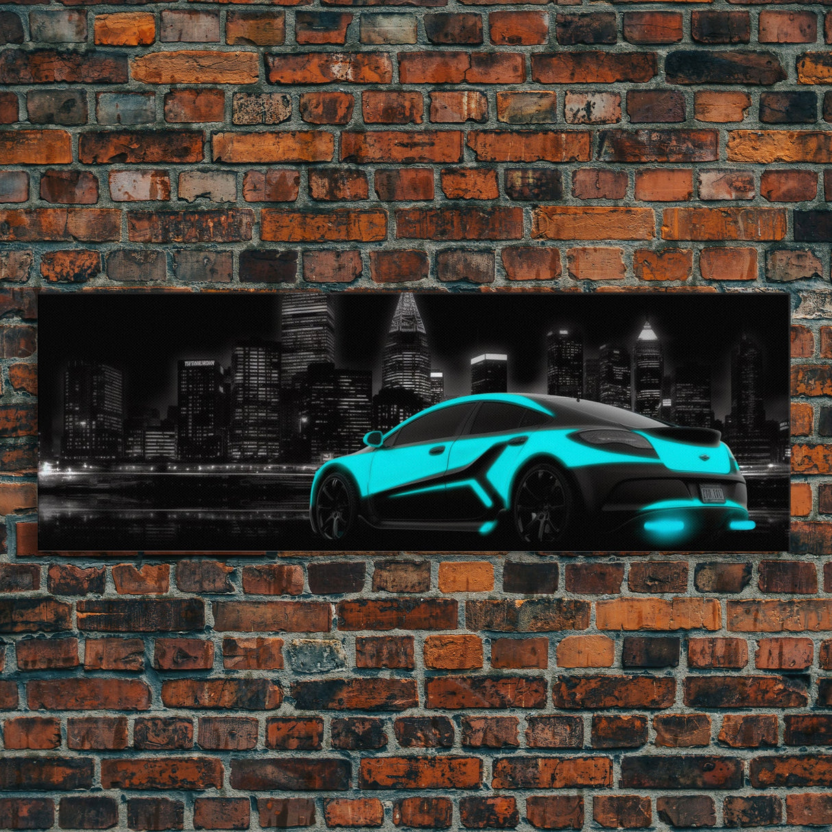 City Skyline Wall Art, Teal Sports Car,  Abstract Urban Art, Cityscape Art, Dark Night Large Urban Art, Panoramic, Wall Art, Canvas Print