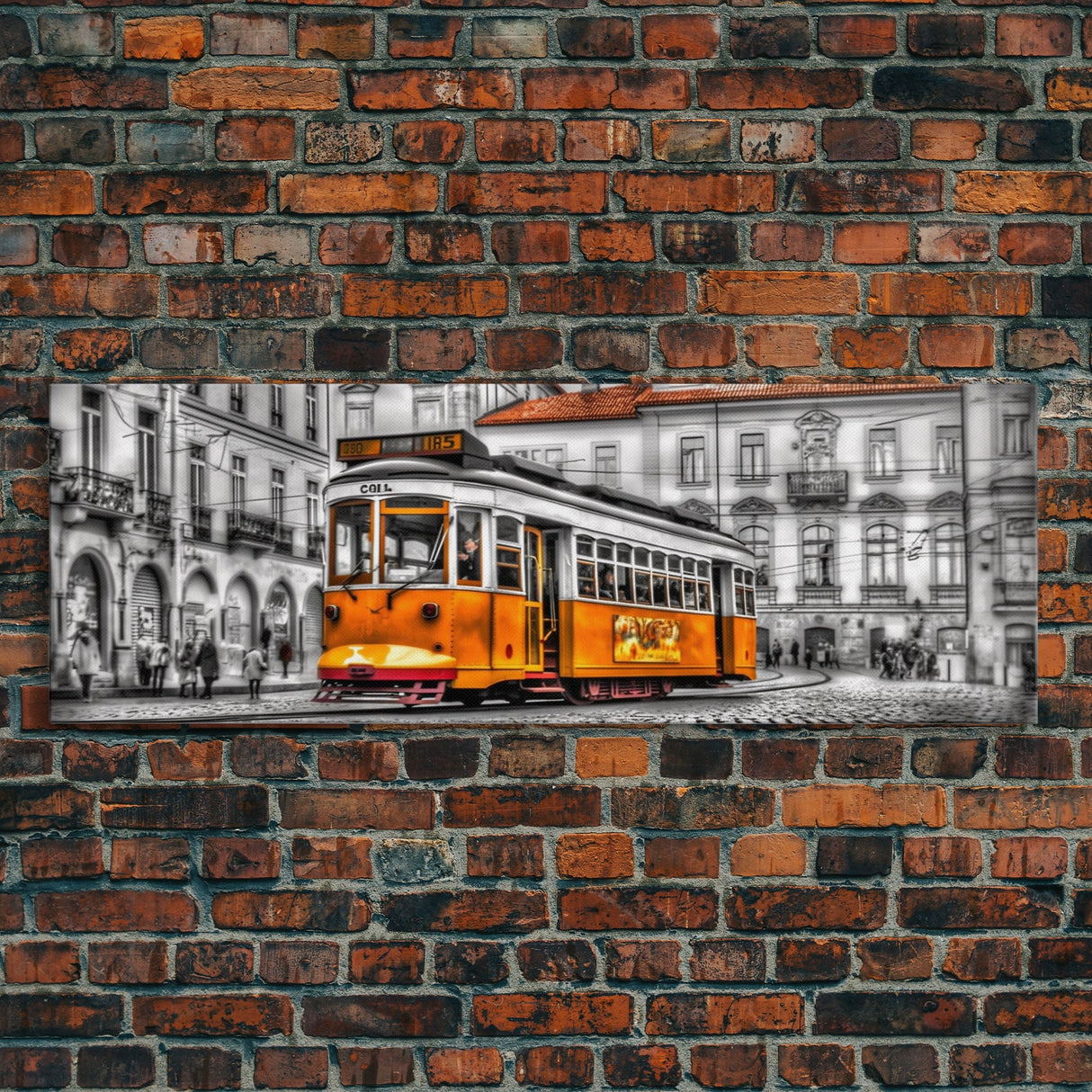 Tram Art, Lisbon Wall Art, Yellow Color Pop, Urban Art Print, Large Print, Vibrant Art, Framed Canvas, Panoramic, Wall Art, Canvas Print