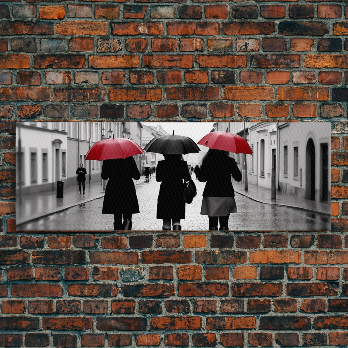 Red And Black Umbrellas, Women Walking On Street, City Art, Wall Decor, Large Urban Canvas Art Print, Panoramic, Wall Art, Canvas Print