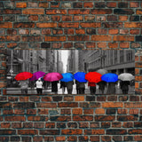 Pink Red Blue Purple Colored Umbrellas, People Walking On Street, City Art, Urban Canvas Art Print, Panoramic, Wall Art, Canvas Print