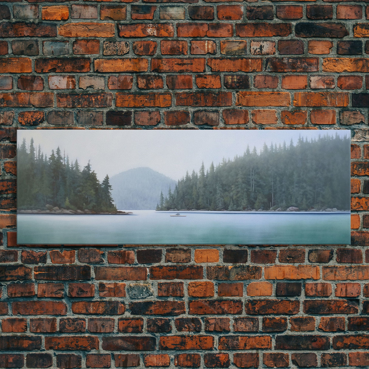 Watercolor Landscape Wall Art Print, Lake, Pine Trees, Mountain, Fishing Boat, Large Canvas Art Print, Panoramic, Wall Art, Canvas Print