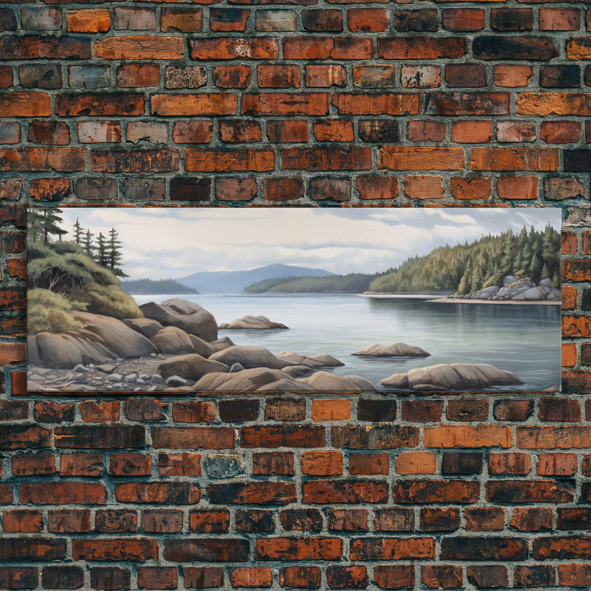 Colored Pencil Landscape Wall Art Print, Lake, Riverbank, River, Trees, Mountain, Large Canvas Art Print, Panoramic, Wall Art, Canvas Print