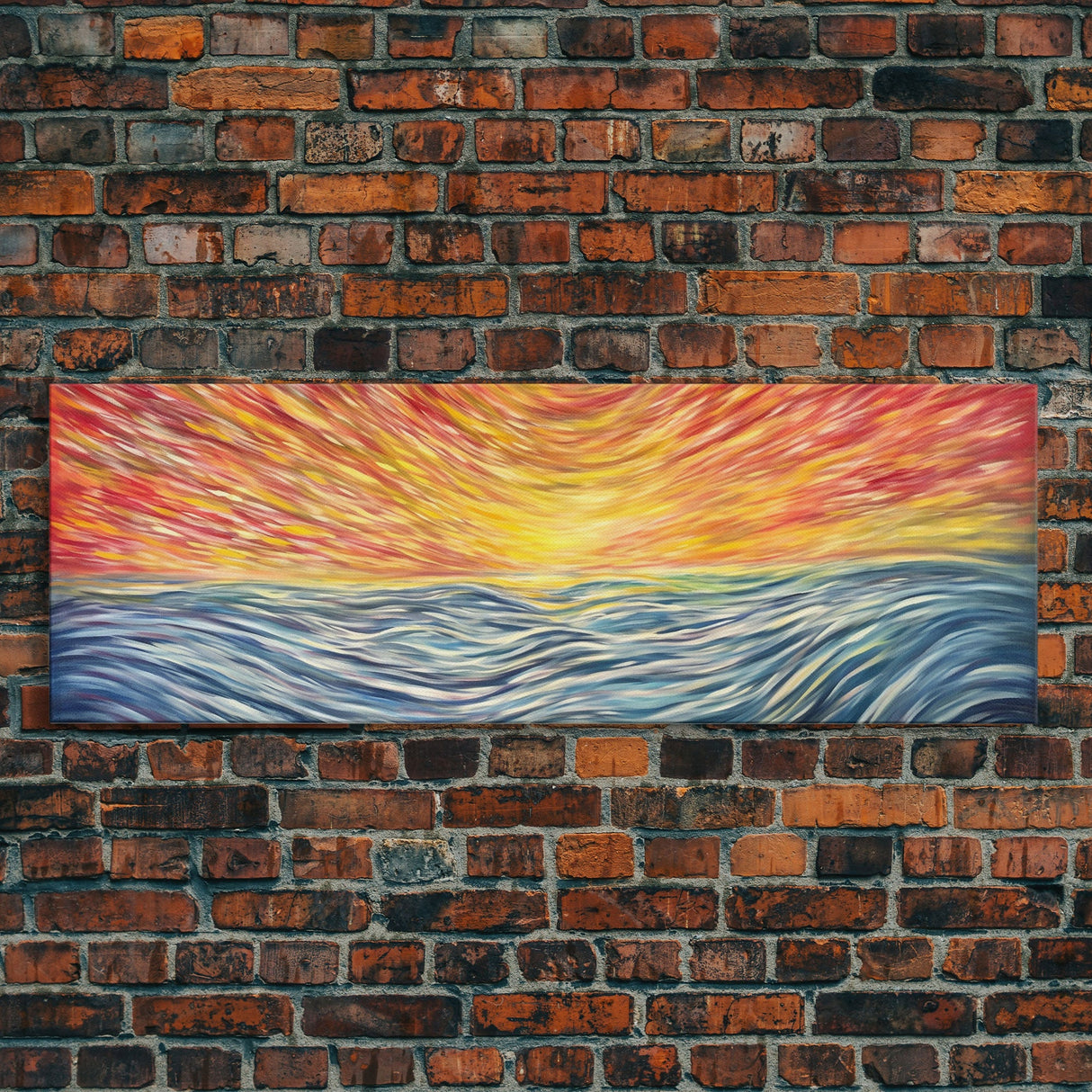 Large Textured Nature Abstract Wall Art, Sunset Over Sea Abstract, Yellow, Blue, Horizon, Wall Decor, Panoramic, Wall Art, Canvas Print