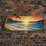 Shoreline Canvas Art Print, Cove, Trees, Mountain, Sunset, Canvas Wall Art Beach, Beach Scene Art, Panoramic, Wall Art, Canvas Print