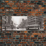 Detailed Street Sketch Canvas Print, City Wall Art, Bus, Cars, Buildings, Monochromatic Urban Art Print, Panoramic, Wall Art, Canvas Print