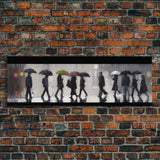 Crowd Walking With Umbrellas Canvas Print, Raining City Art, Urban Art, Large Urban Art Print, Wall Decor, Panoramic, Wall Art, Canvas Print