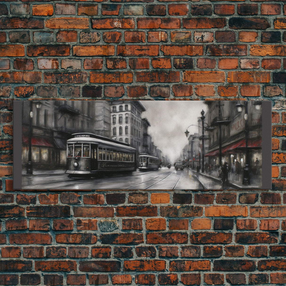 Streetcars In The City Canvas Print, Vintage Art, People On Sidewalk, City Art, Large Urban Art Print, Panoramic, Wall Art, Canvas Print