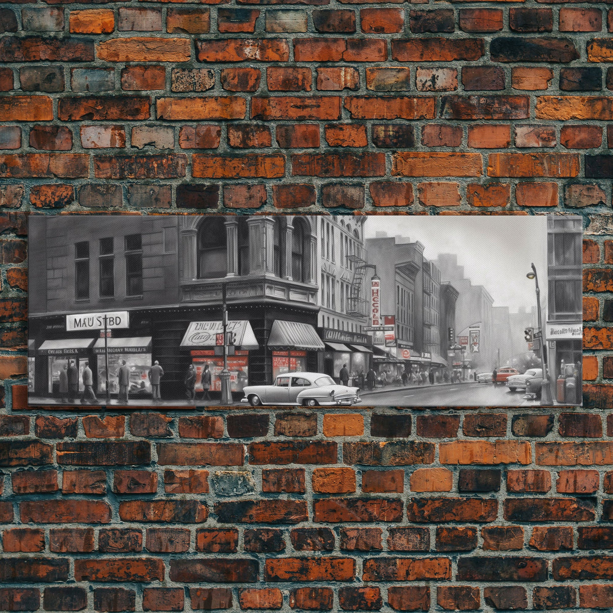 Vintage Cars City Canvas Print, Vintage Art, Buildings, People On Sidewalk, Large Urban Art Print, Panoramic, Wall Art, Canvas Print