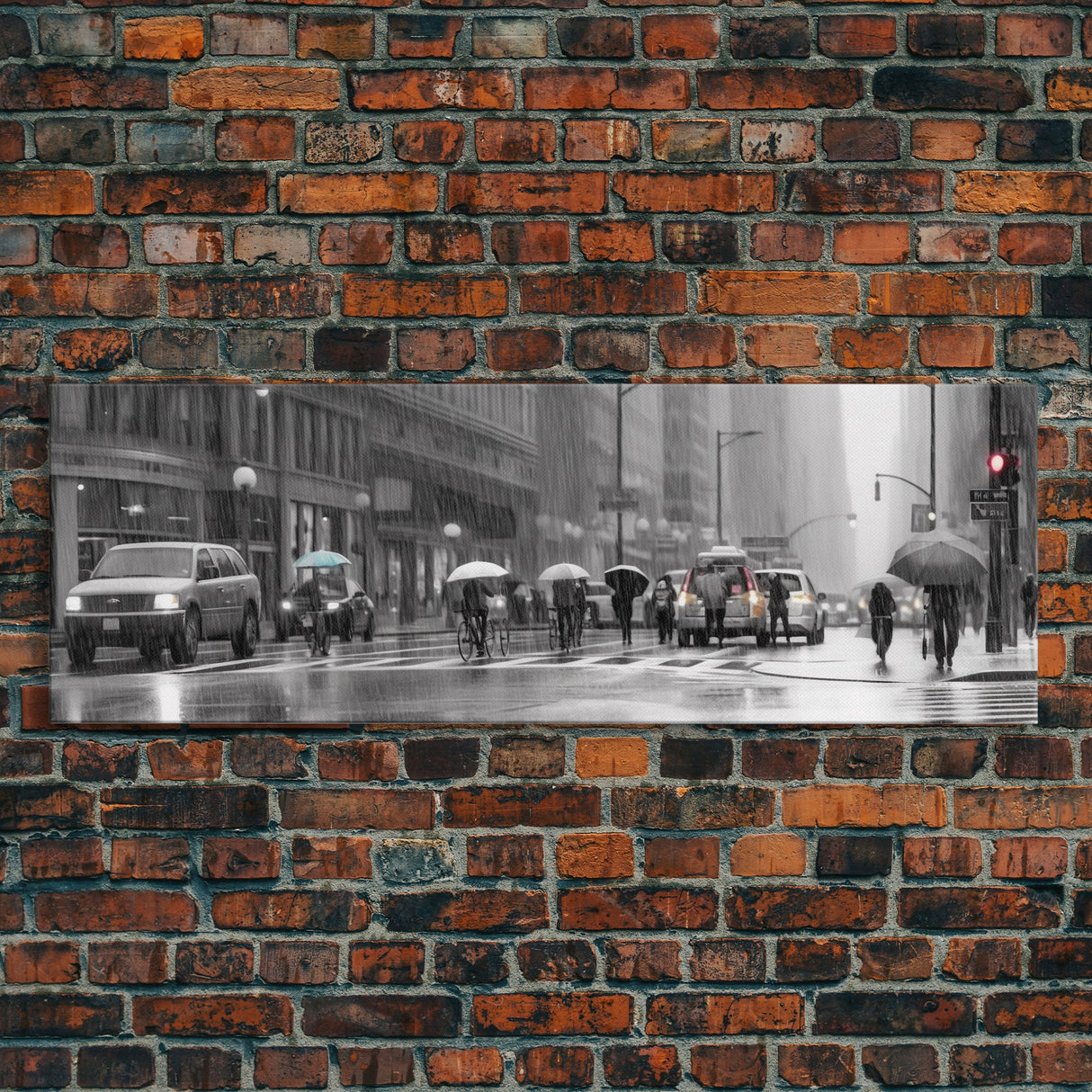 Rainy Day In The City Canvas Print, People With Umbrellas, City Art, Wall Decor, Large Urban Art Print, Panoramic, Wall Art, Canvas Print