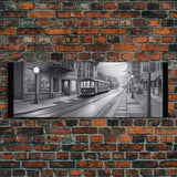 Monochromatic Tram Canvas Print, Pencil Sketch City Art, Wall Decor, Large Urban Art Print, Panoramic, Wall Art, Canvas Print