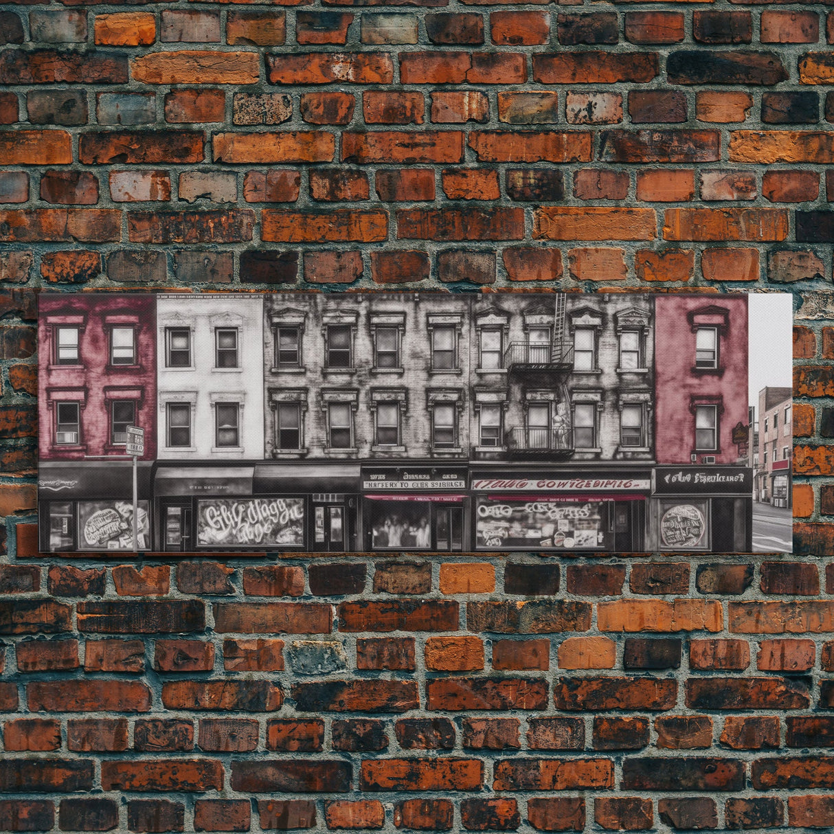 Row Of Buildings Canvas Print, Pencil Sketch City Art, Graffiti Wall Decor, Urban Art Wall Decor, Panoramic, Wall Art, Canvas Print