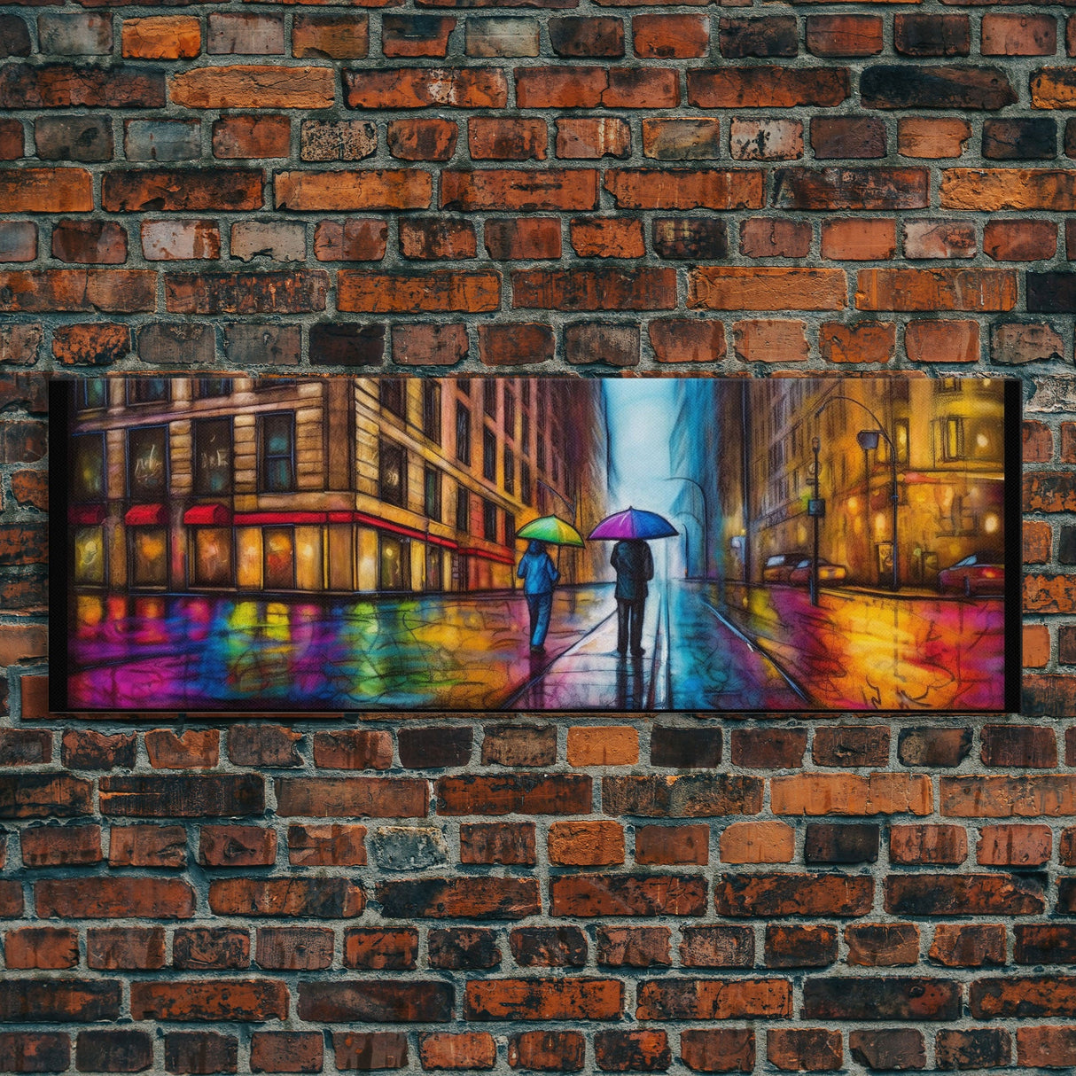 Colorful Umbrellas City Canvas Print, Large Urban Art Print, Two People Walking On Street, Vibrant Art, Panoramic, Wall Art, Canvas Print