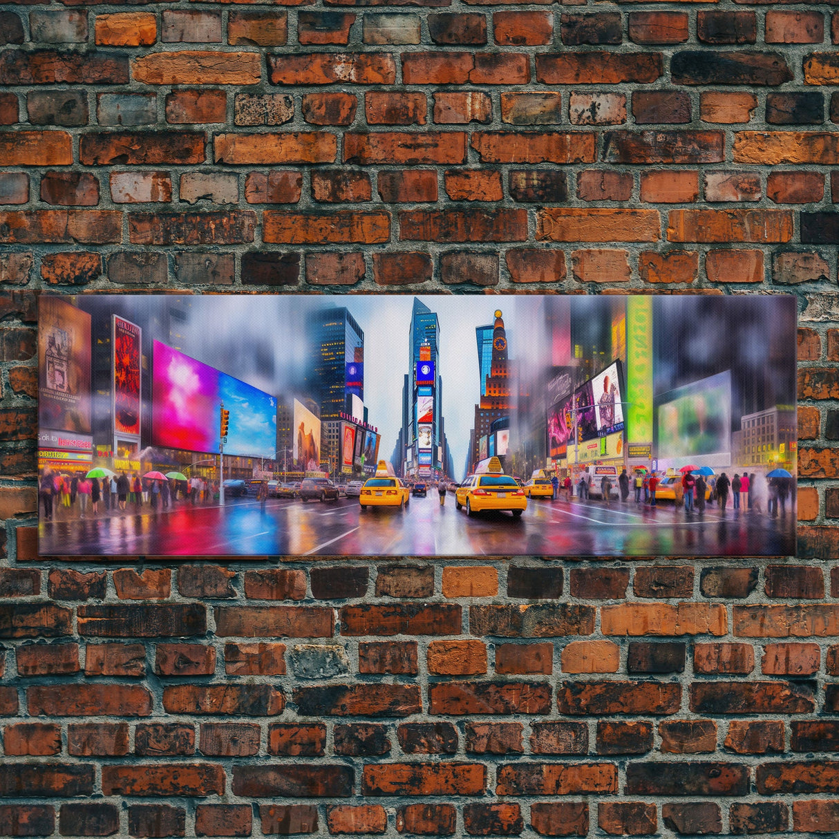 New York City Canvas Print, Large Urban Art Print, Colorful Umbrellas, Yellow Taxis, Vibrant Art, Panoramic, Wall Art, Canvas Print