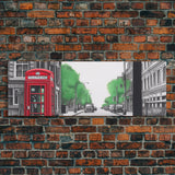 Red Vintage Phone Booth, London Art Print, Street Pencil Sketch Art, Green Trees, Perspective Art, Panoramic, Canvas Print, Wall Art